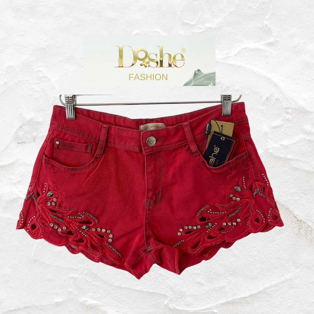 Dishe short unique combination of red fabric, cut flowers, and crystals